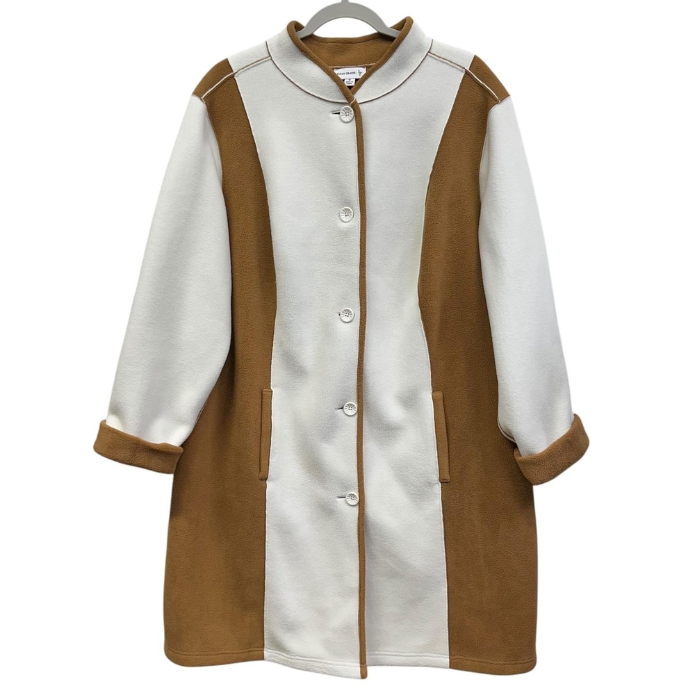 Susan Graver Coat Womens 1X Camel Ivory Colorblock Fleece Button Front Pockets